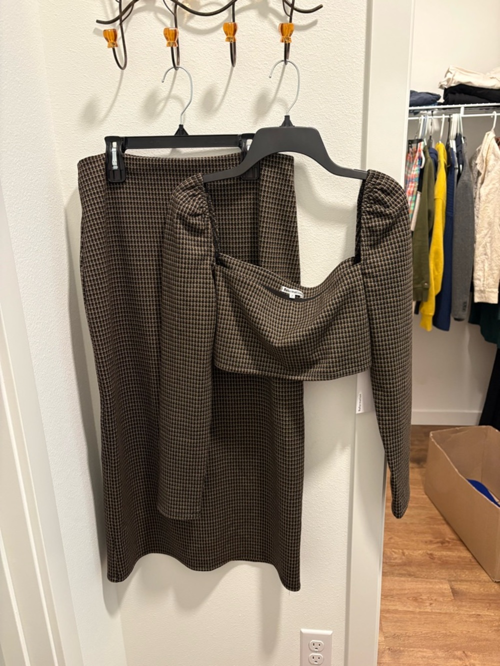 Reformation Brown Houndstooth Skirt Set